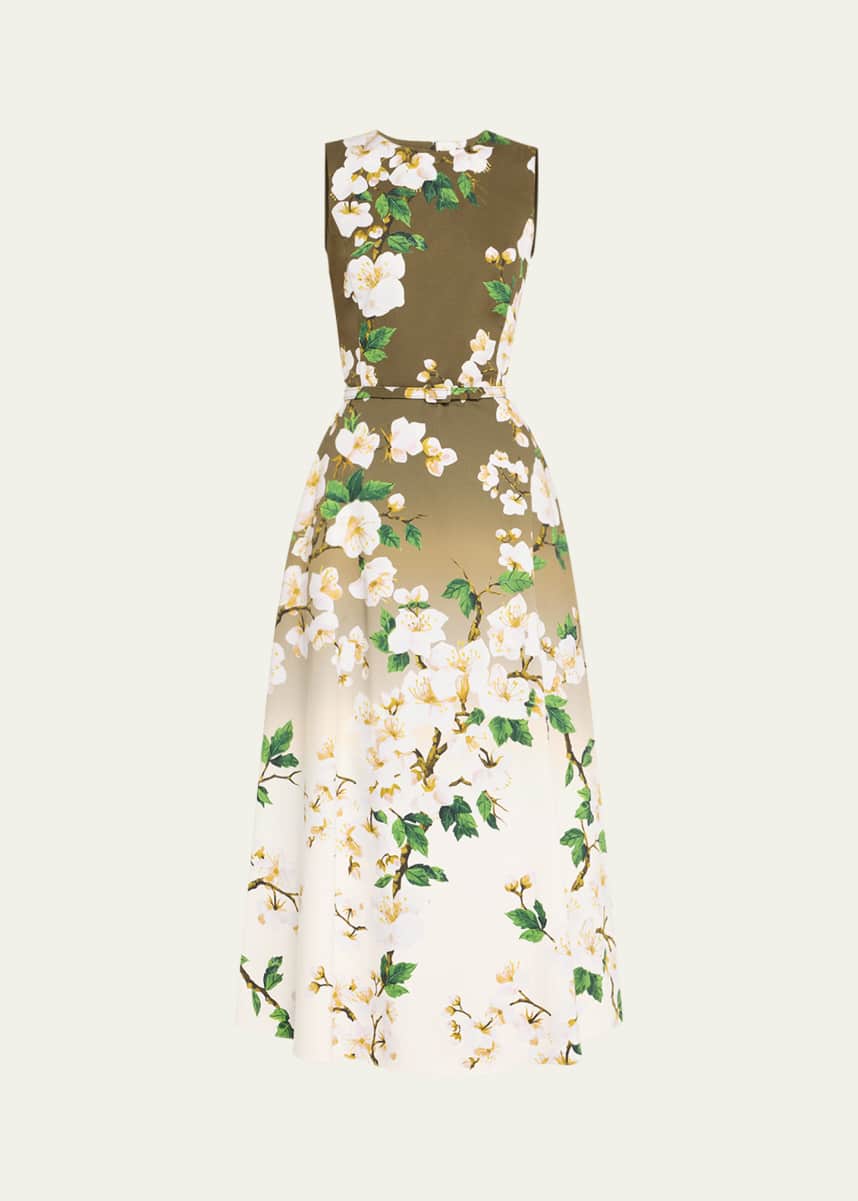 Oscar de la Renta Sleeveless Ombre Cherry Blossom Tea-Length Dress With Belt