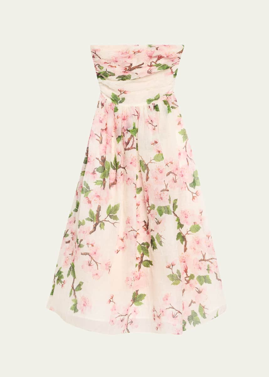 Oscar de la Renta Strapless Cherry Blossom Draped Organza Dress