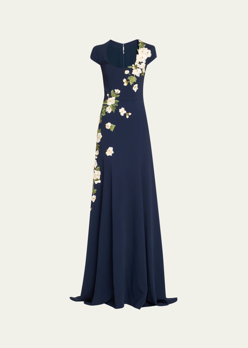 Oscar de la Renta Cascading Cherry Blossom Embroidered Gown