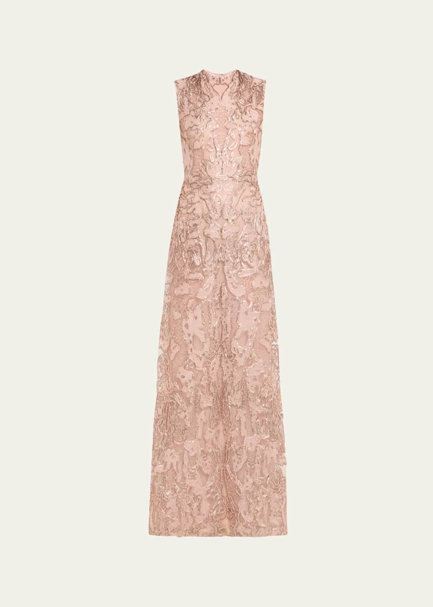 Reem Acra Sequined Metallic Lace Gown