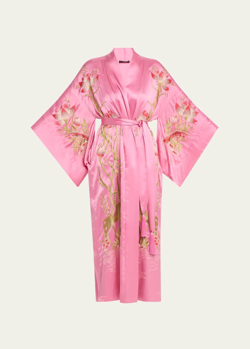 Josie Natori Lotus Couture Embroidered Silk Charmeuse Robe
