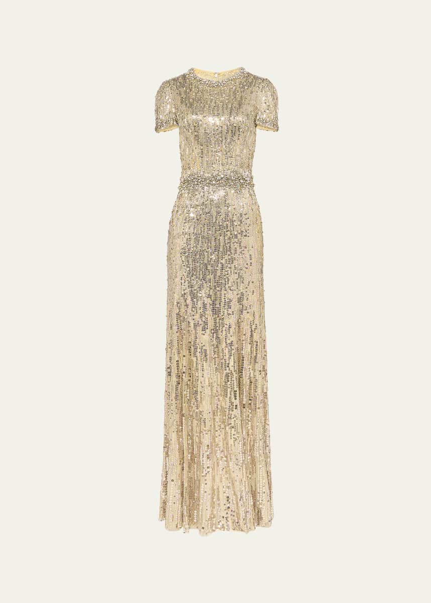 Jenny Packham Celeste Short-Sleeve Crystal Sequined Gown