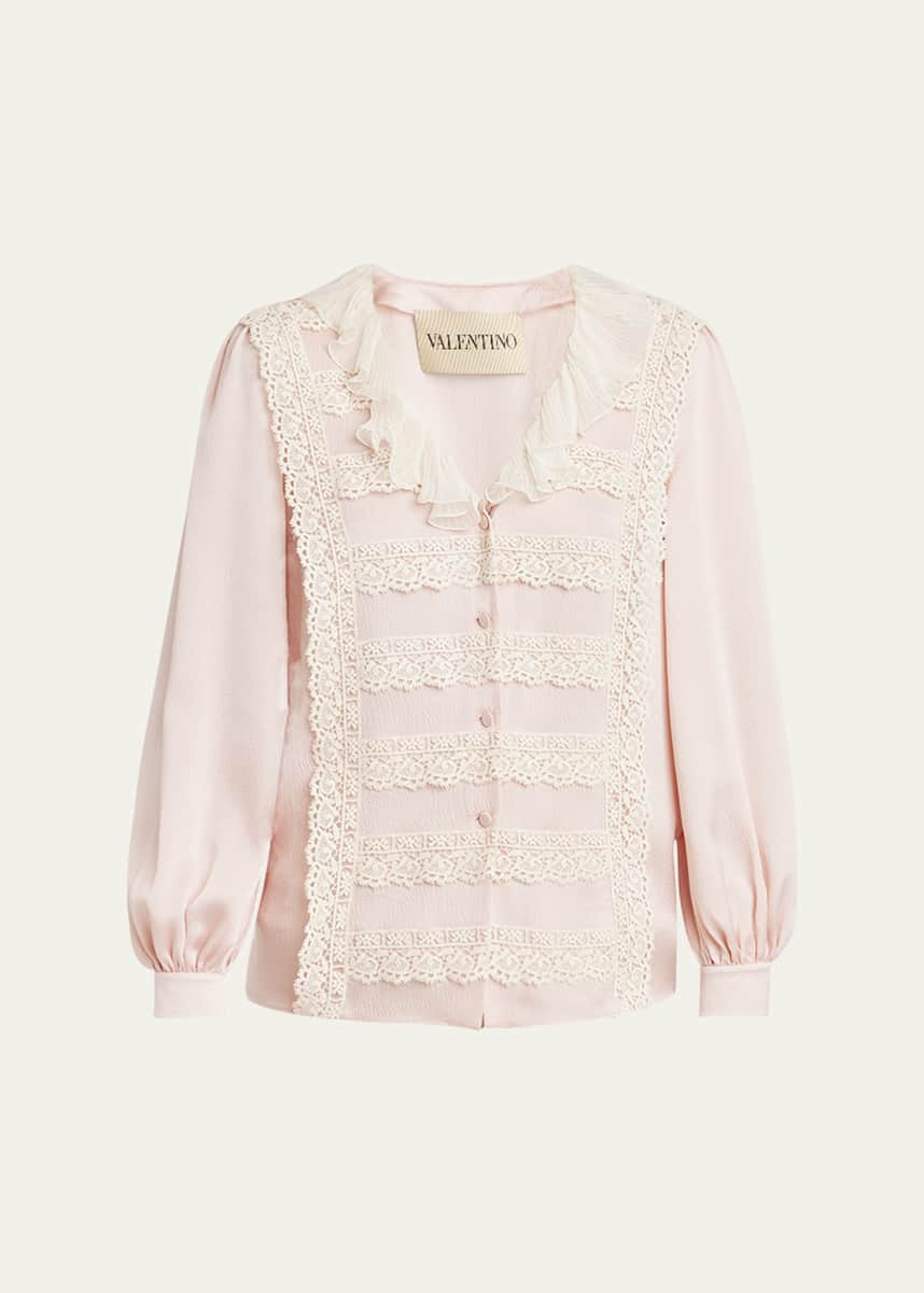 Valentino Garavani Ruffle V-Neck Lace Trim Silk Shirt