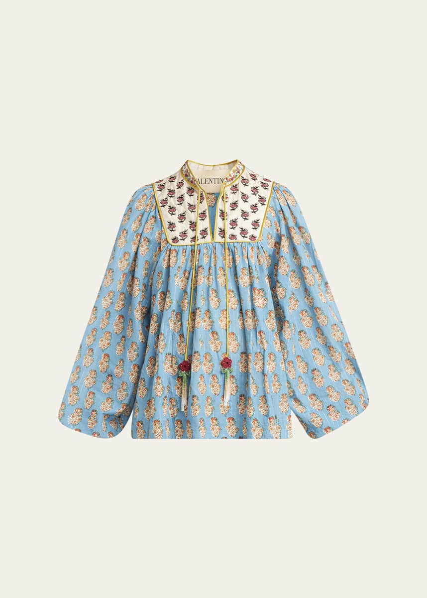 Valentino Garavani Beaded Pinstripe Floral-Print Blouse