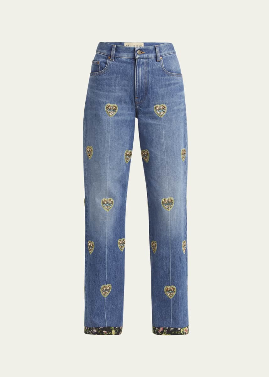 Valentino Garavani Embroidered Heart Denim Pants with Floral Boarder