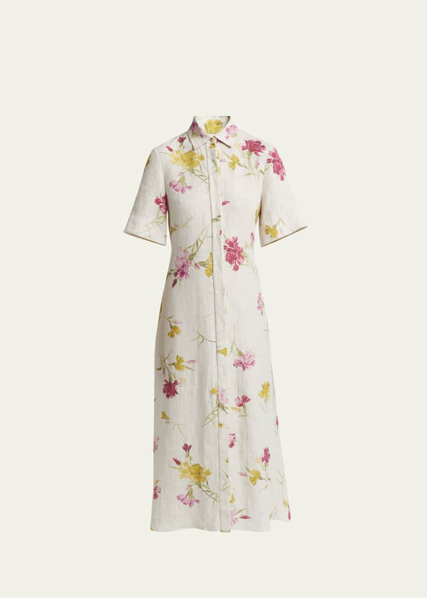 Erdem Floral Short Sleeve Midi Linen Shirtdress