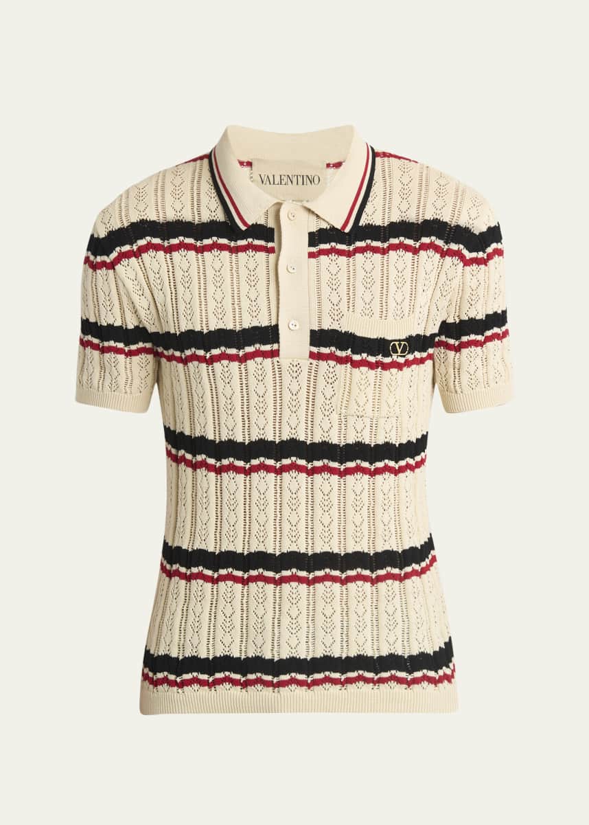 Valentino Garavani Men's Stripe Cotton Eyelet VLogo-Pocket Polo Shirt