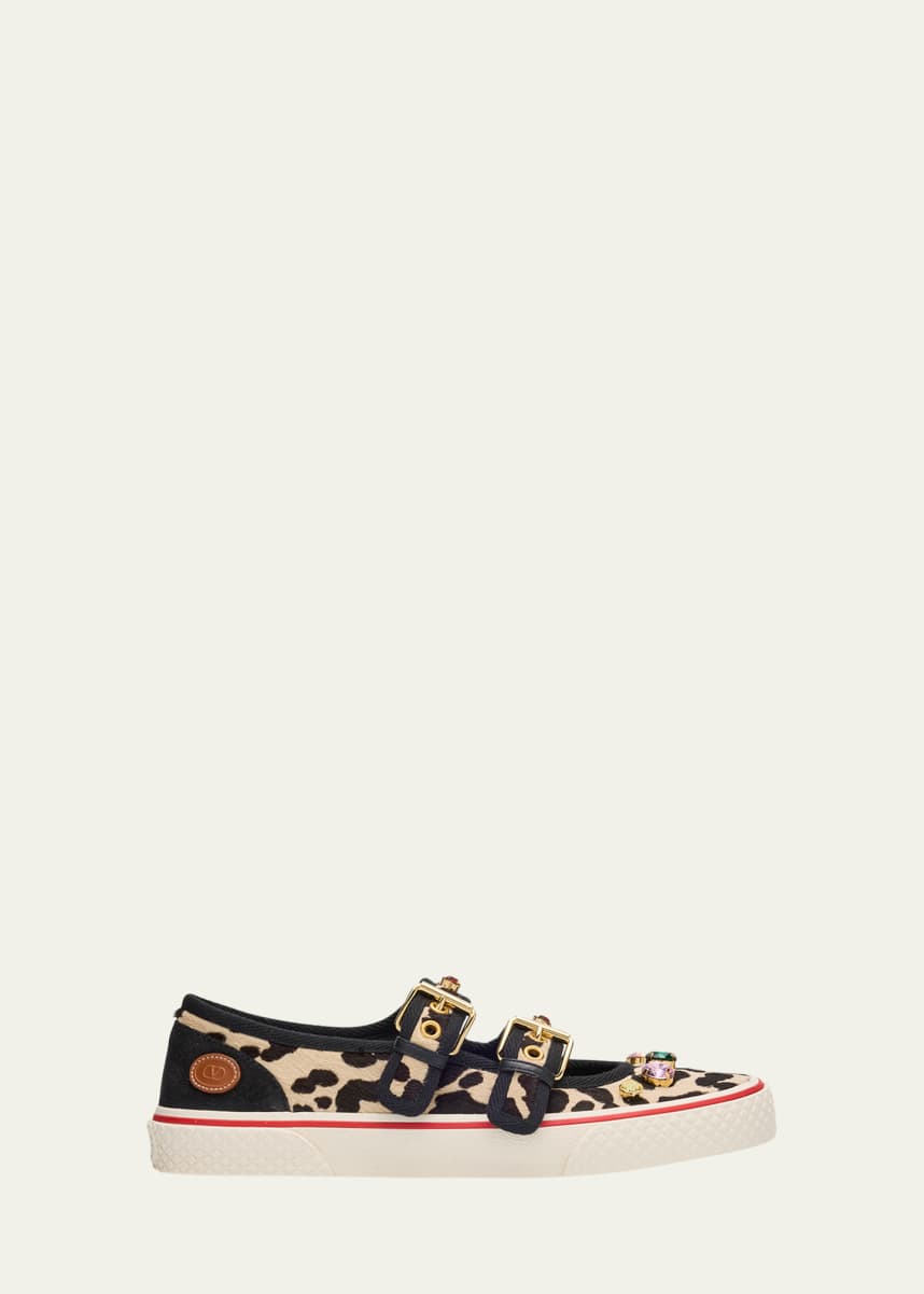 Valentino Garavani Dollyboard Leopard Printed Calf Hair Double-Strap Sneakers