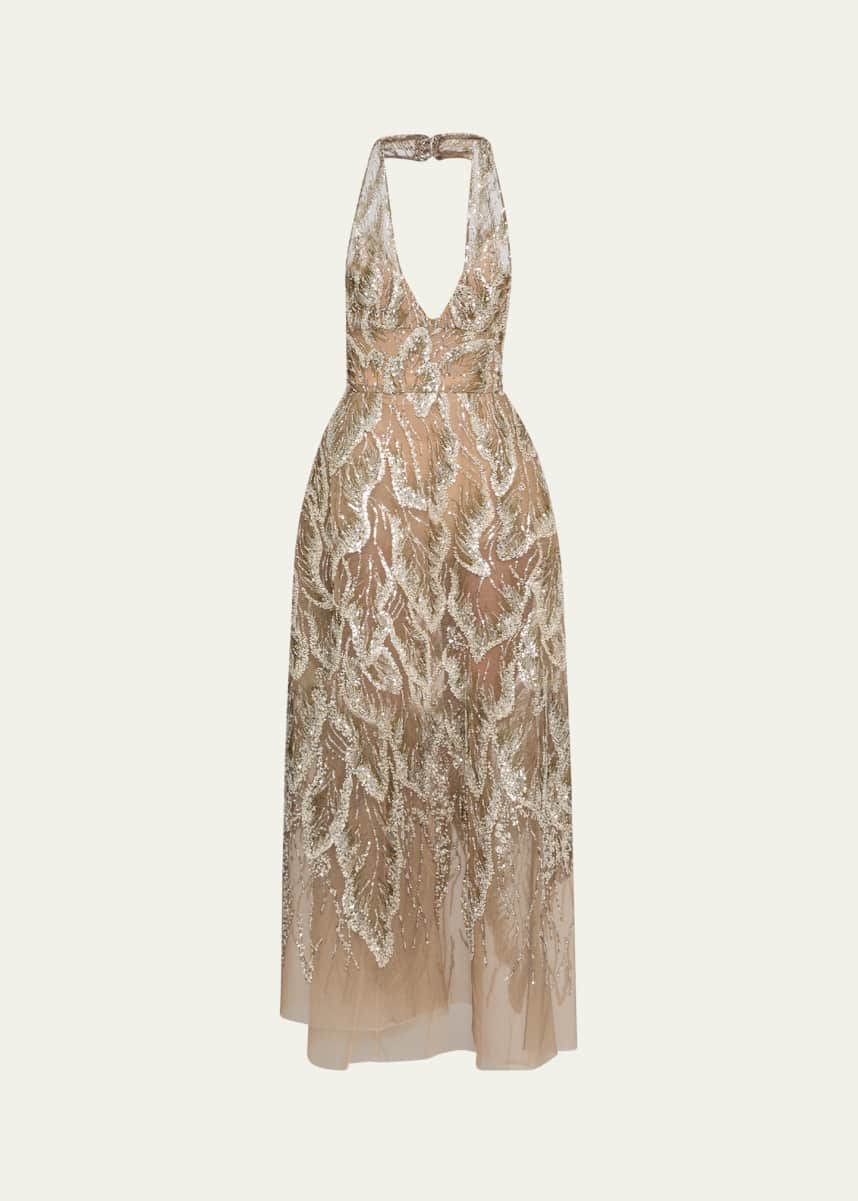 Elie Saab Halter Beaded Tulle Gown
