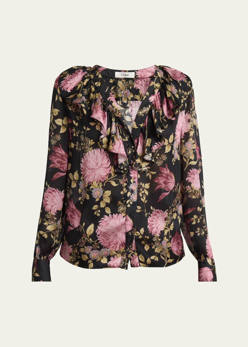 Chloe Floral Ruffle-Trim Button Down Silk Top