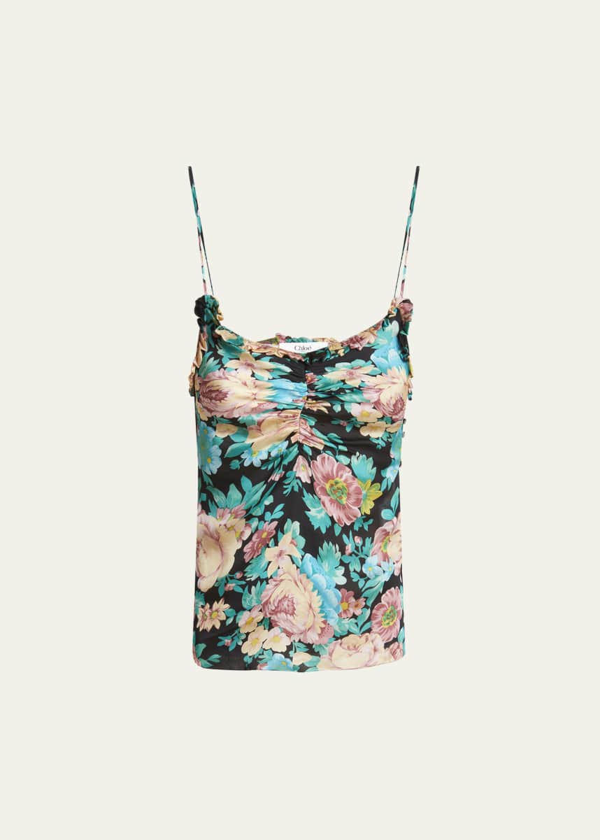 Chloe Floral Ruched Ruffle-Trim Silk Tank Top