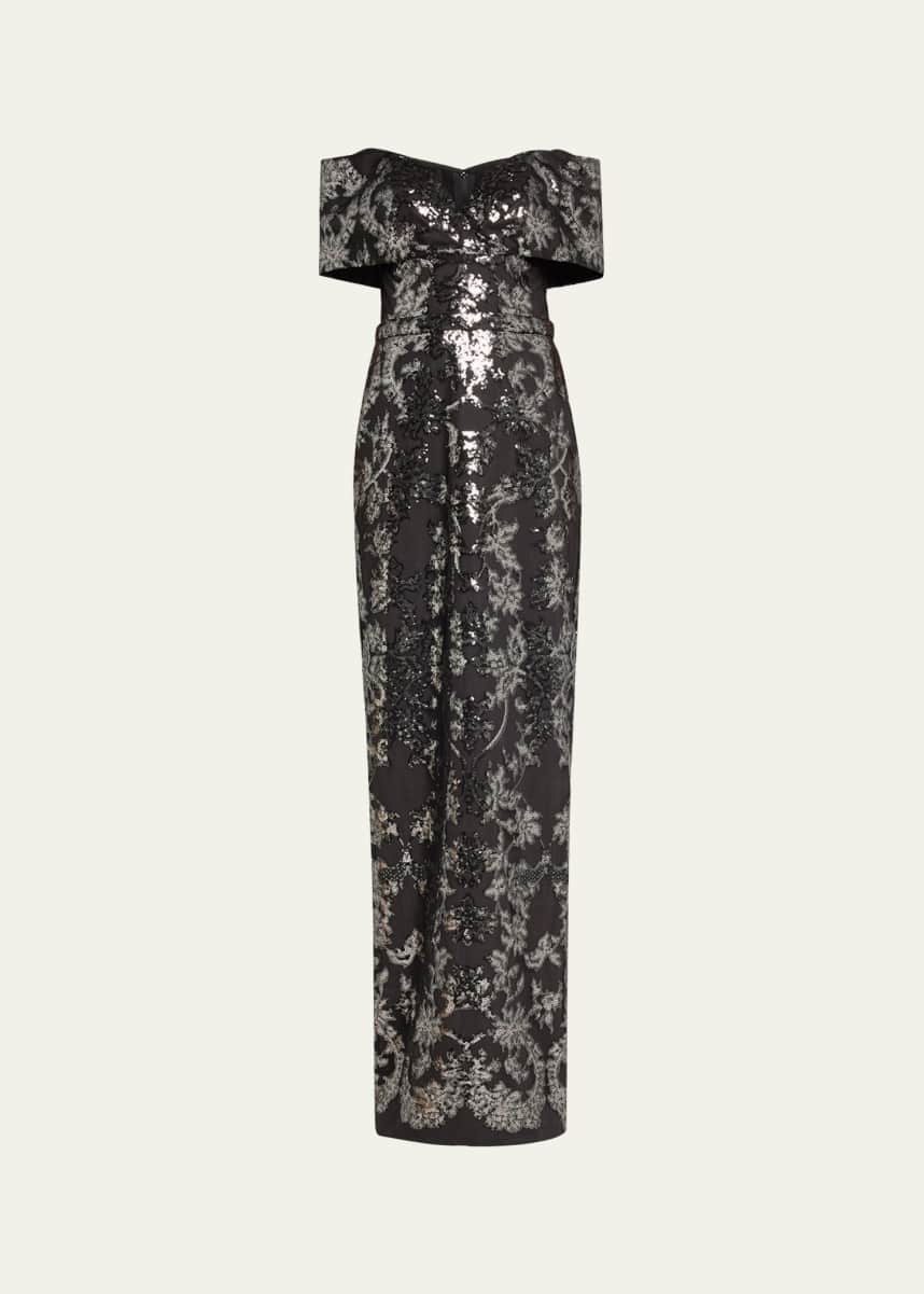 Pamella Roland Sequined Mesh Tulle Off-The-Shoulder Gown