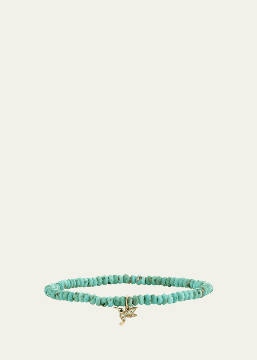 Sydney Evan 14K Yellow Gold Tiny Hummingbird Diamond Charm and Arizona Turquoise Bead Bracelet