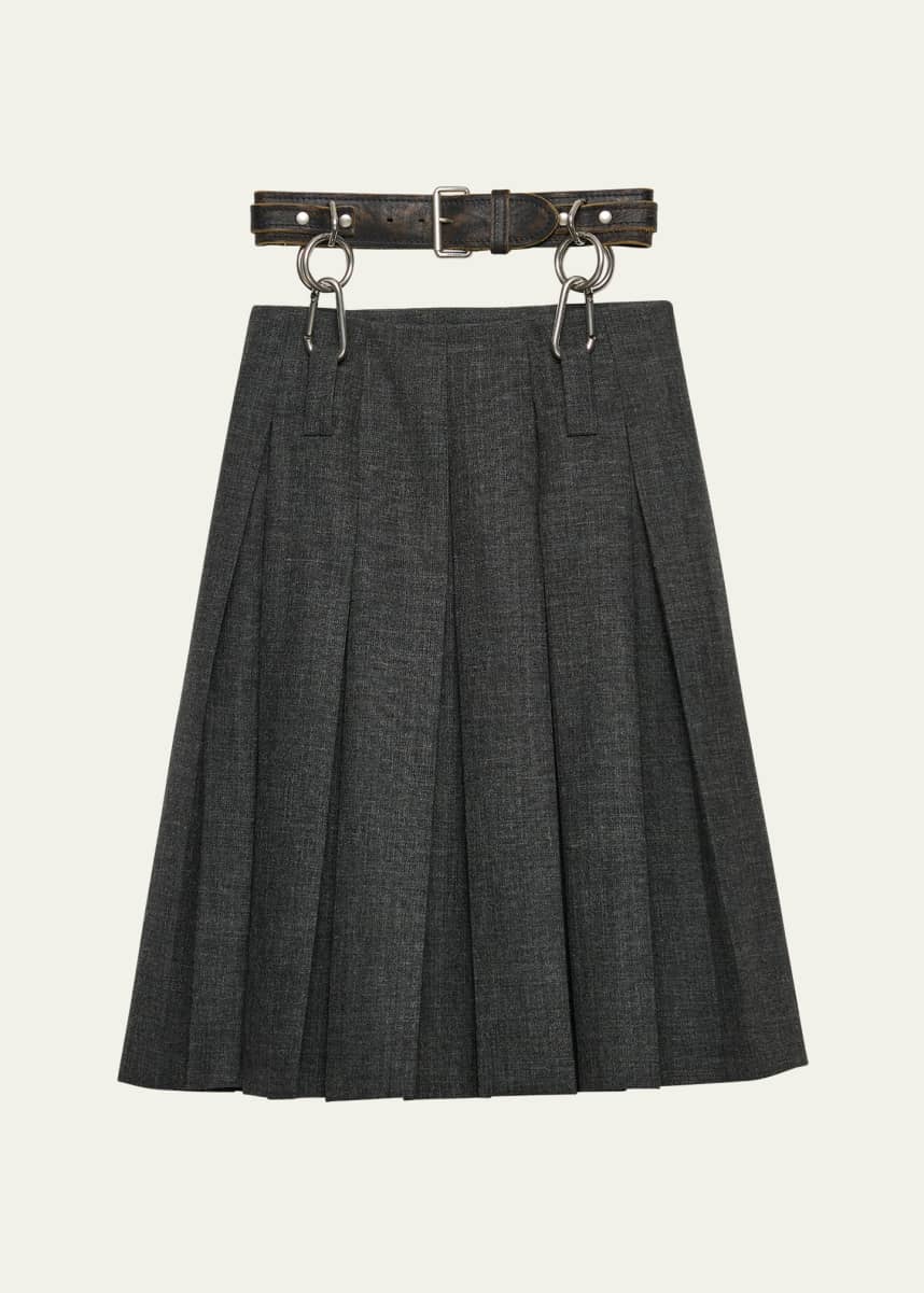 Prada Suspended Leather Belt Pleated Wool Skirt