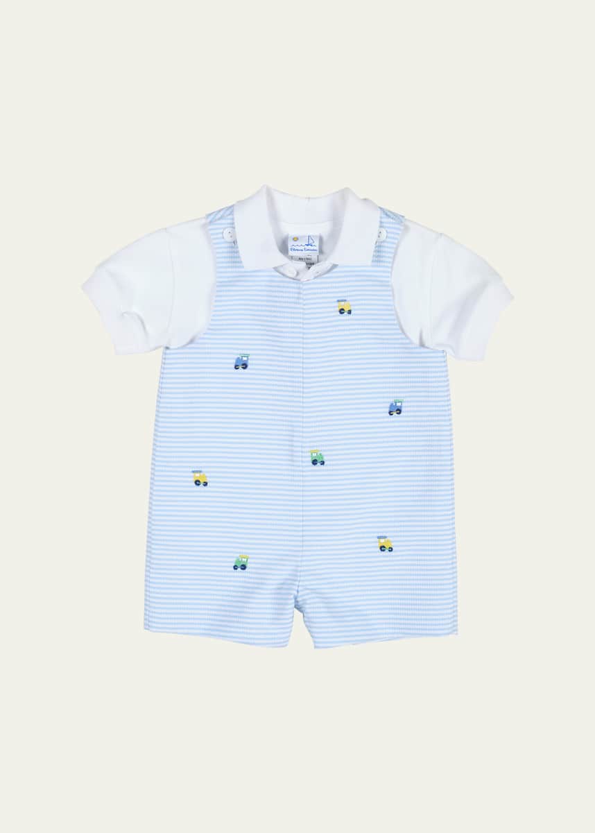 Florence Eiseman Boy's Striped Embroidered Trains Shortall W/ Polo Shirt, Size 3M-18M