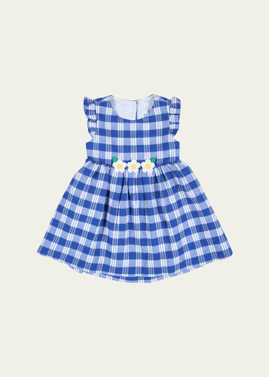 Florence Eiseman Girl's Plaid-Print Seersucker Dress W/ Floral Appliques, Size 2-6