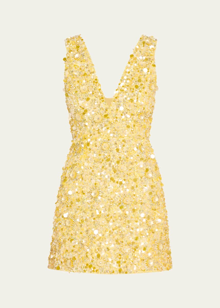 Alice + Olivia Tatum Embellished Deep V Lantern Skirt Mini Gown