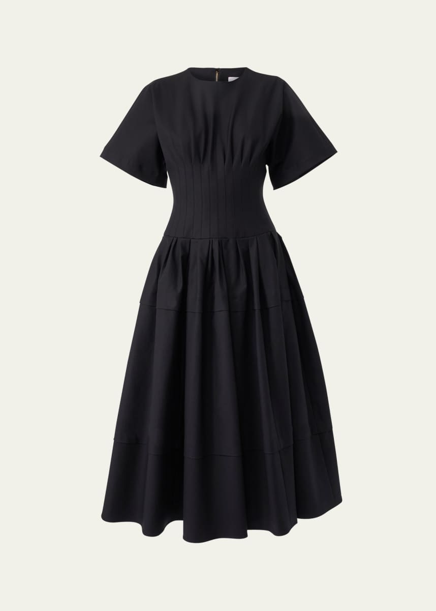 Carolina Herrera Short-Sleeve Pleated-Waist Midi Dress