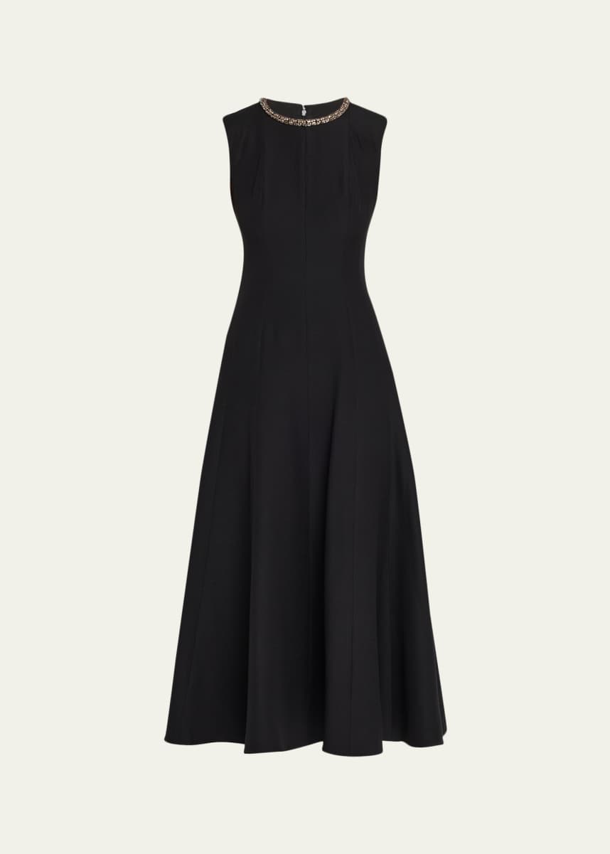 Roland Mouret Fit-and-Flare Wool Silk Dress with Diamante Neck