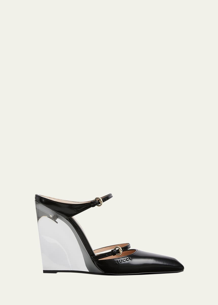 Gucci Christy Regent Leather Lucite Wedge Mules