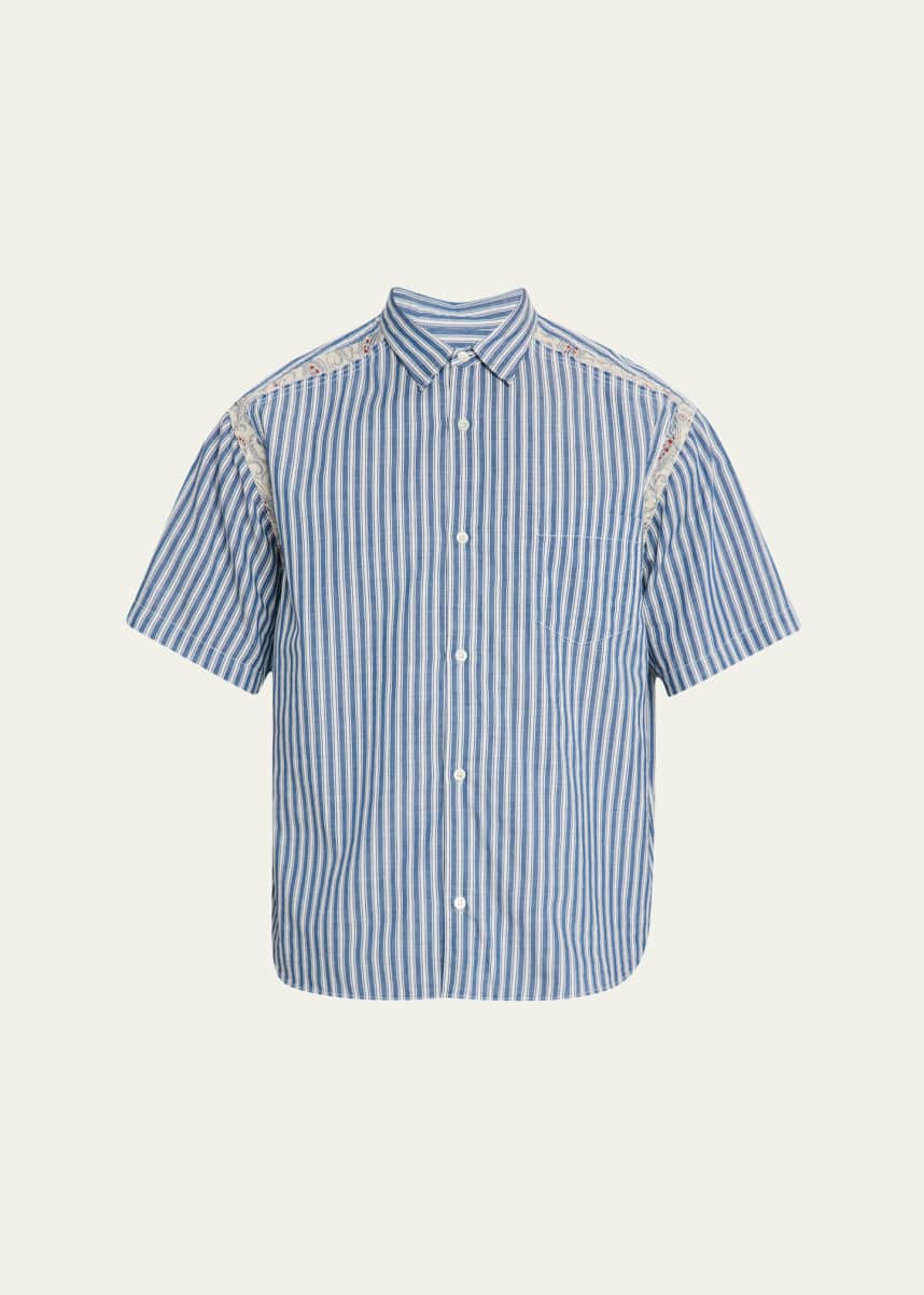 CDG HOMME Men's Stripe Cotton Paisley-Trim Short-Sleeve Shirt