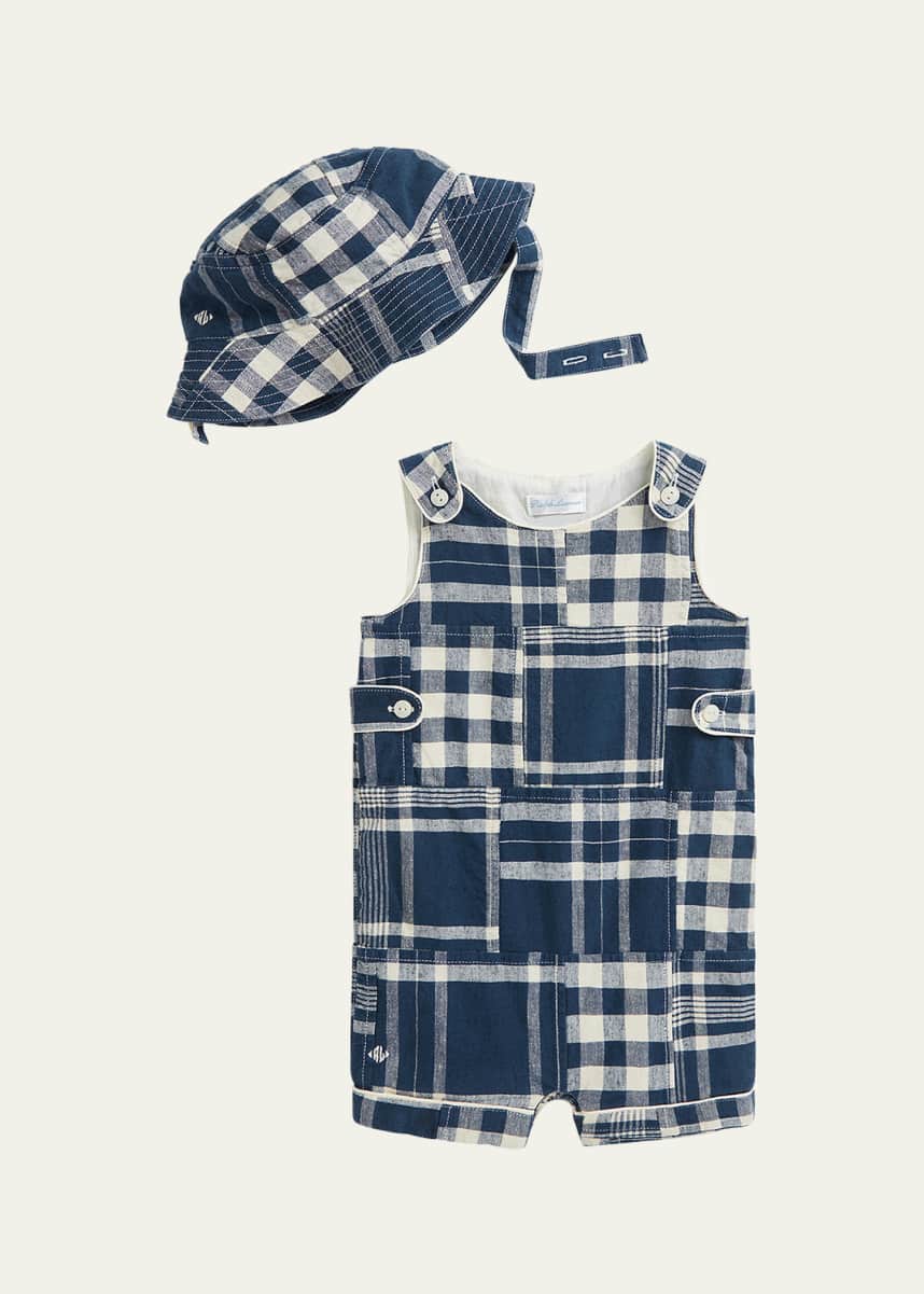 Ralph Lauren Childrenswear Boy's Patchwork-Print Overalls & Hat Set, Size 3M-12M