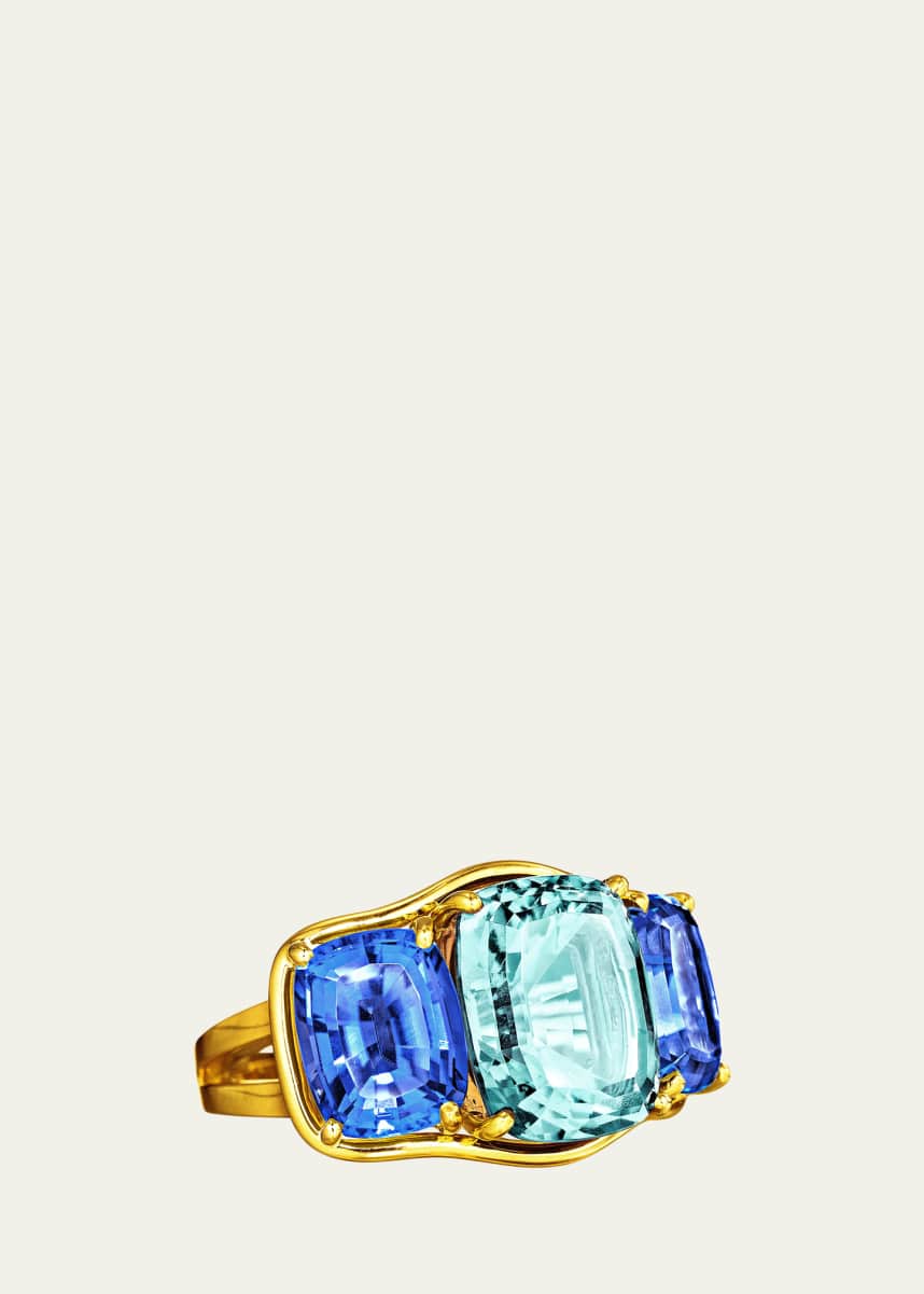 Verdura Large Aqua and Iolite 3 Stone Ring in 18K Yellow Gold, Size 6