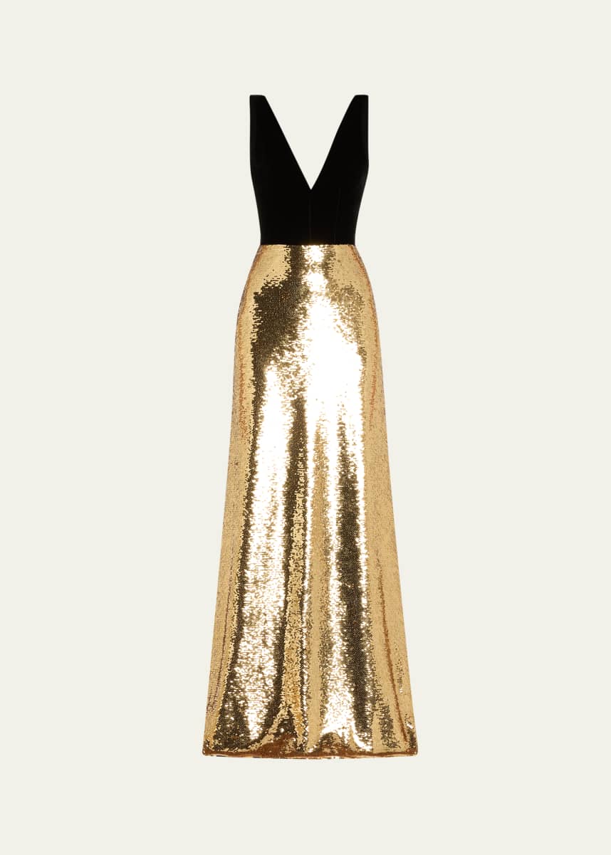 Monique Lhuillier Velvet Bodice Gown And Train with Sequined Skirt