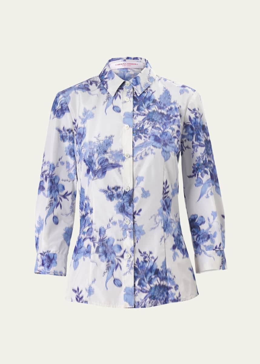 Carolina Herrera Blur Floral Button-Down Icon Blouse