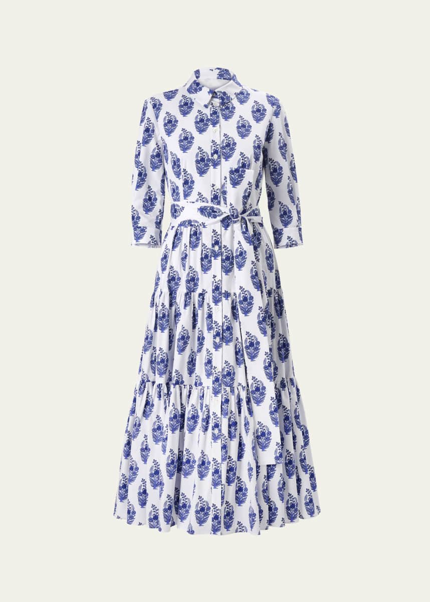 Carolina Herrera 3/4-Sleeve Tiered Midi Shirtdress