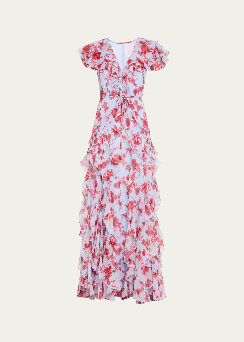 Carolina Herrera Plunging Ruffle Short-Sleeve Silk Gown