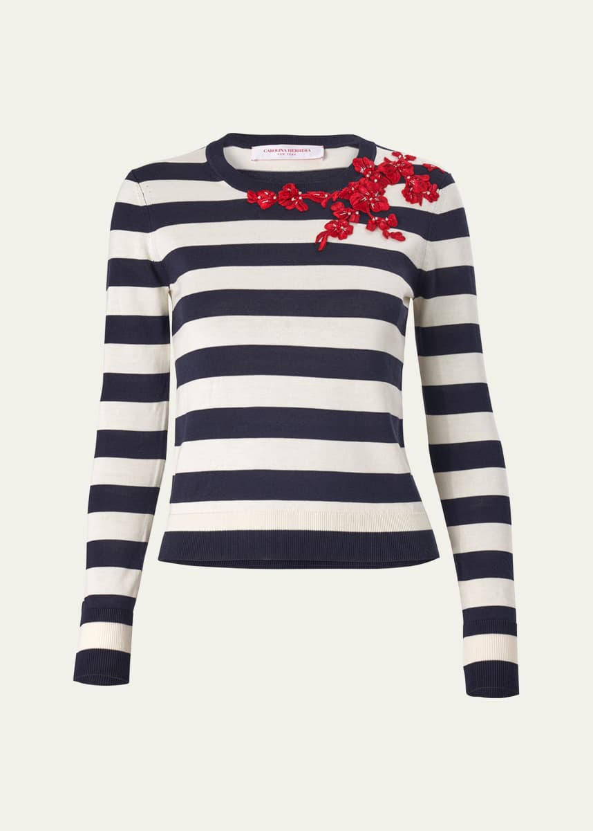 Carolina Herrera Stripe Floral Applique Sweater