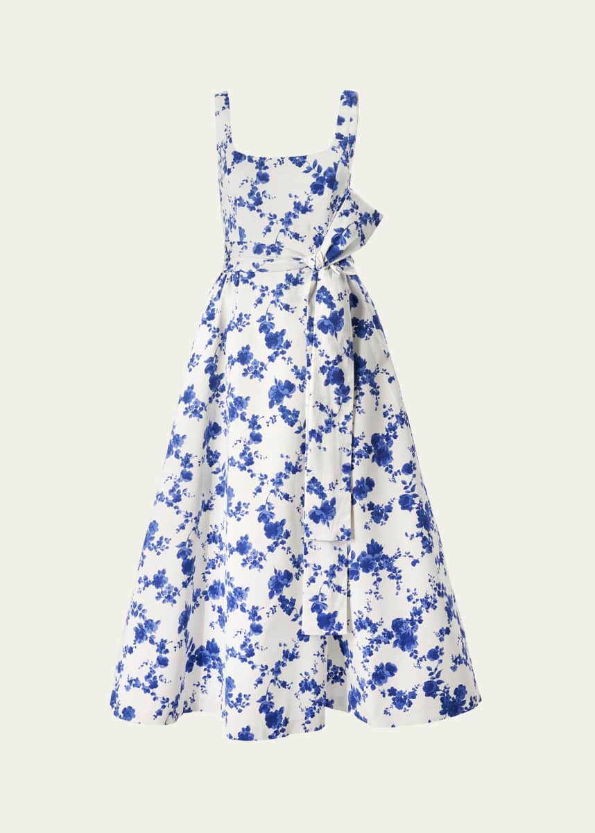 Carolina Herrera Floral Scoop Neck Midi Dress with Sash