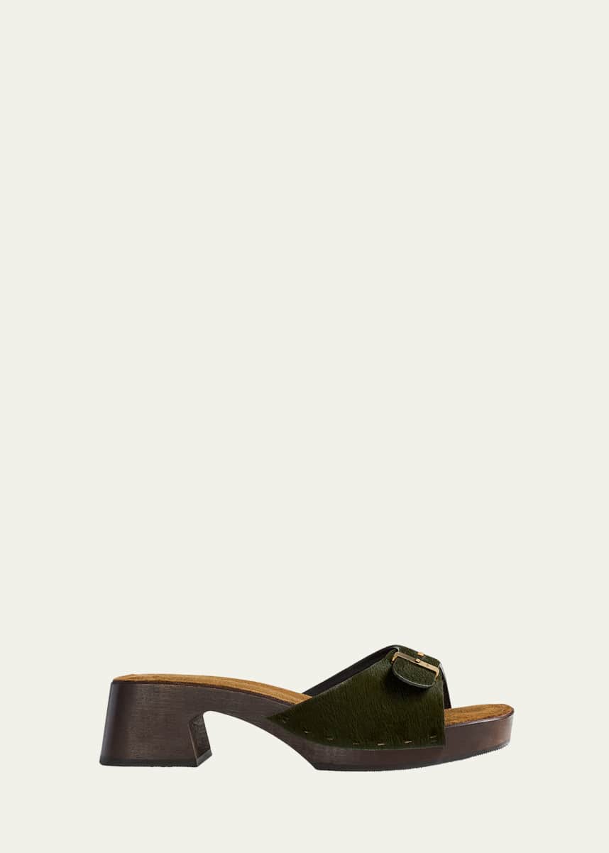 Khaite Britt Pony Hair Buckle Clog Sandals