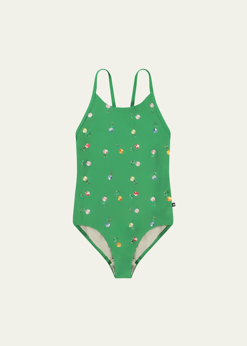 Molo Girl's Nanna Embroidered Floral-Print Swimsuit, Size 4-7