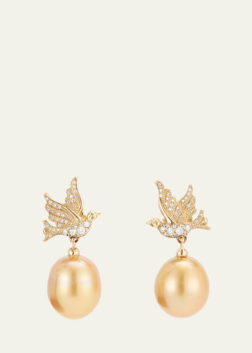 Arman Sarkisyan 18K Yellow Gold Love Birds Pearl Drop Earrings with Diamonds
