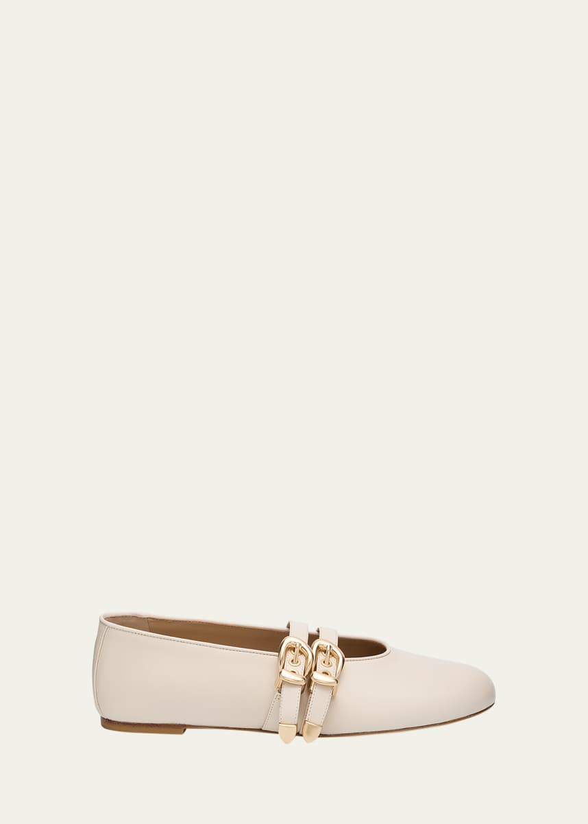 Stuart Weitzman Maven Leather Dual Buckle Mary Jane Ballerina Flats