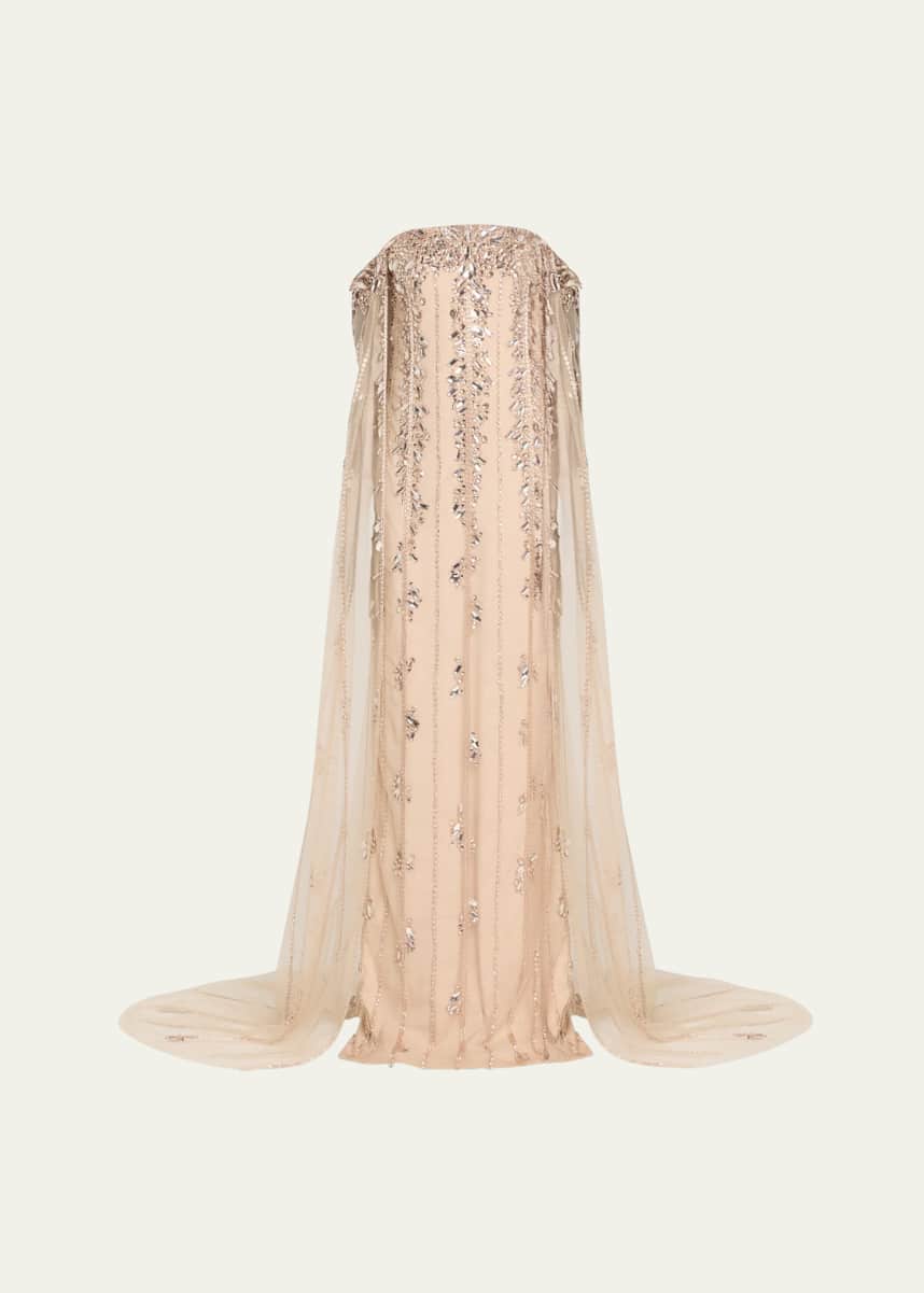 Pamella Roland Crystal Tulle Strapless Gown with Detachable Cape