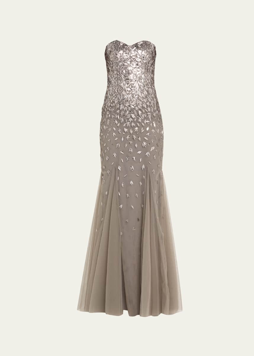 Pamella Roland Strapless Embroidered Degrade Godet Gown