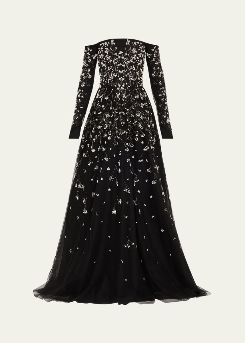 Pamella Roland Beaded Pearly Off-the-Shoulder Tulle Gown