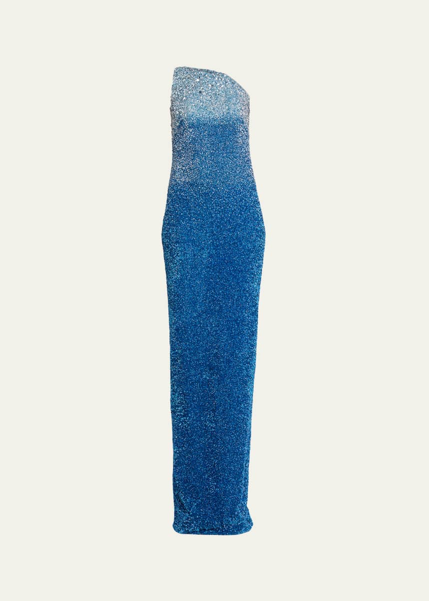 Pamella Roland Asymmetric Neckline Ombre Signature Sequined Gown