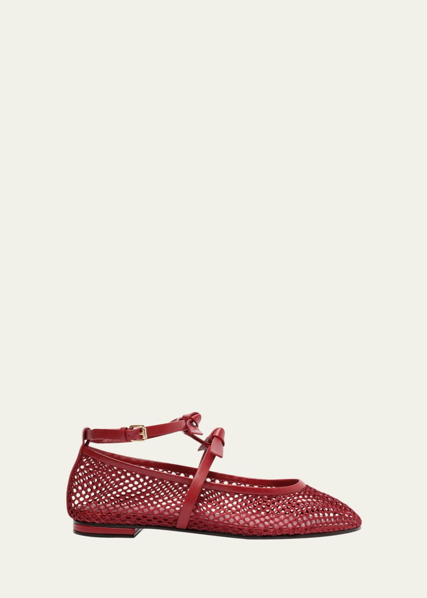 Alexandre Birman Slim Clarita Bow-Strap Fishnet Ballerina Flats