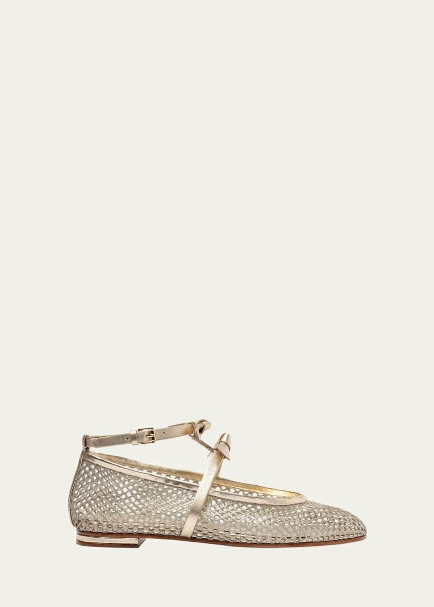 Alexandre Birman Slim Clarita Bow-Strap Fishnet Ballerina Flats