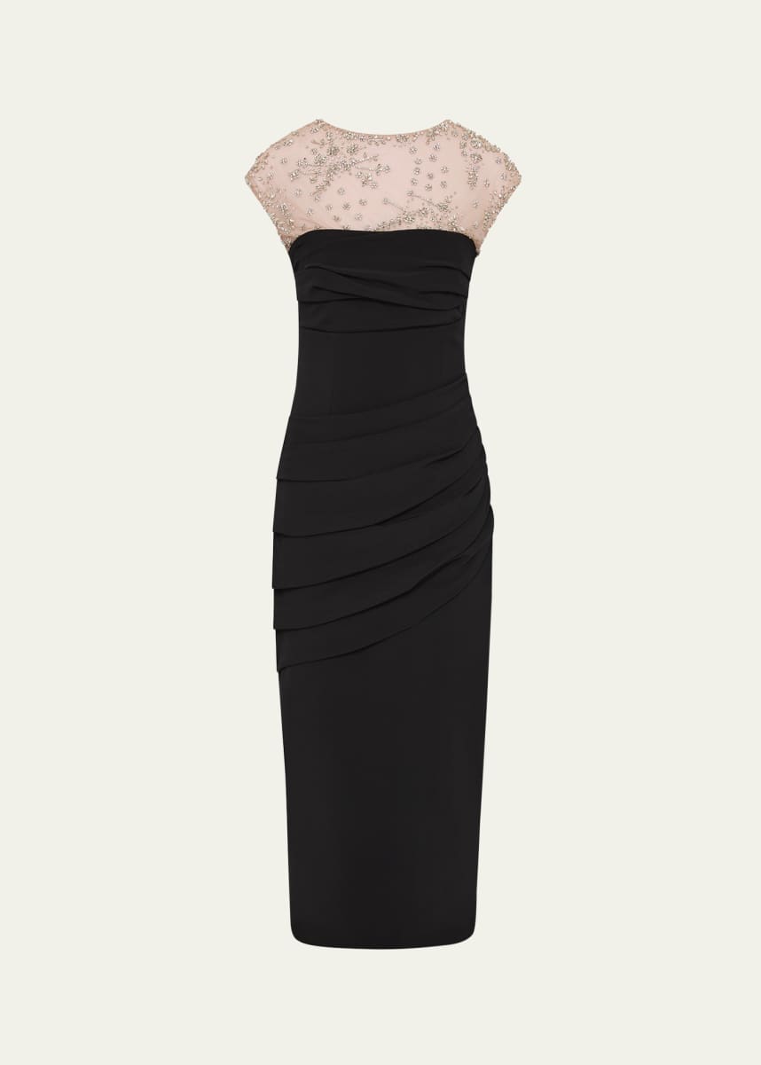 Rachel Gilbert Dottie Floral Crystal Sheer Draped Dress