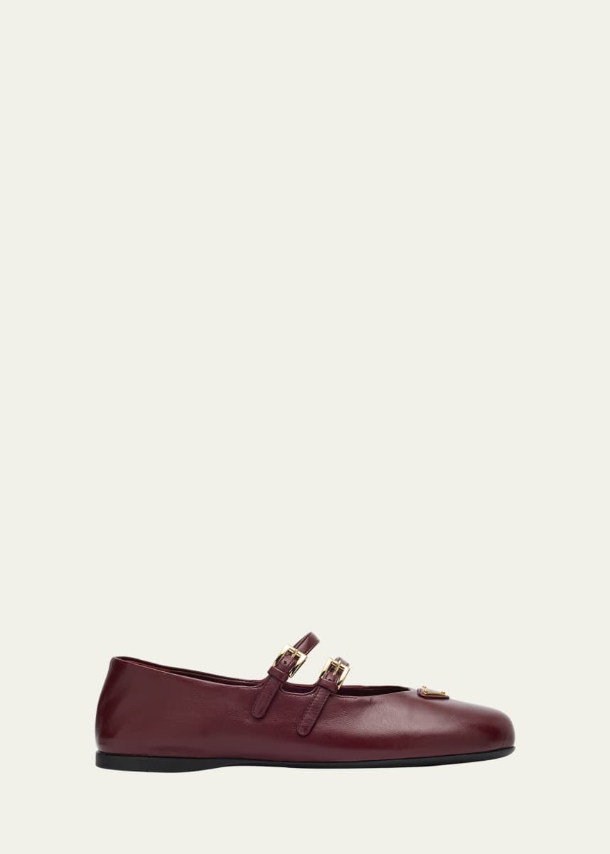Prada Nappa Leather Double-Strap Triangle Logo Ballerina Flats