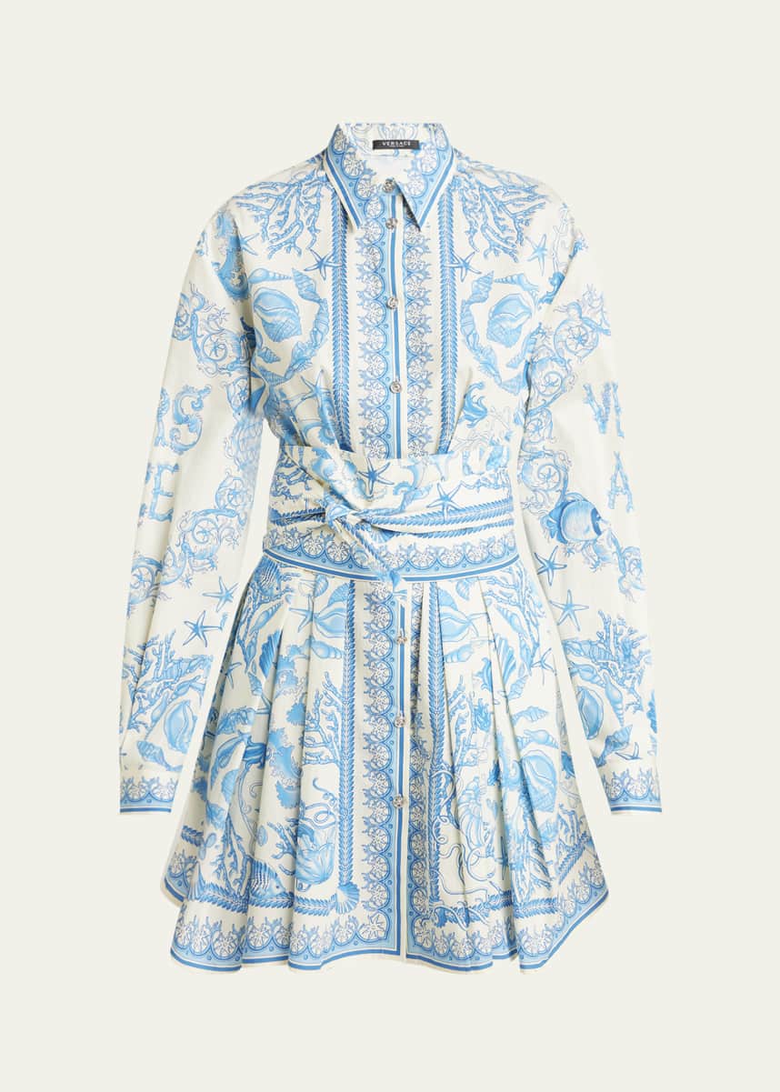 Versace Pleated Baroque Scarf-Print Mini Shirtdress