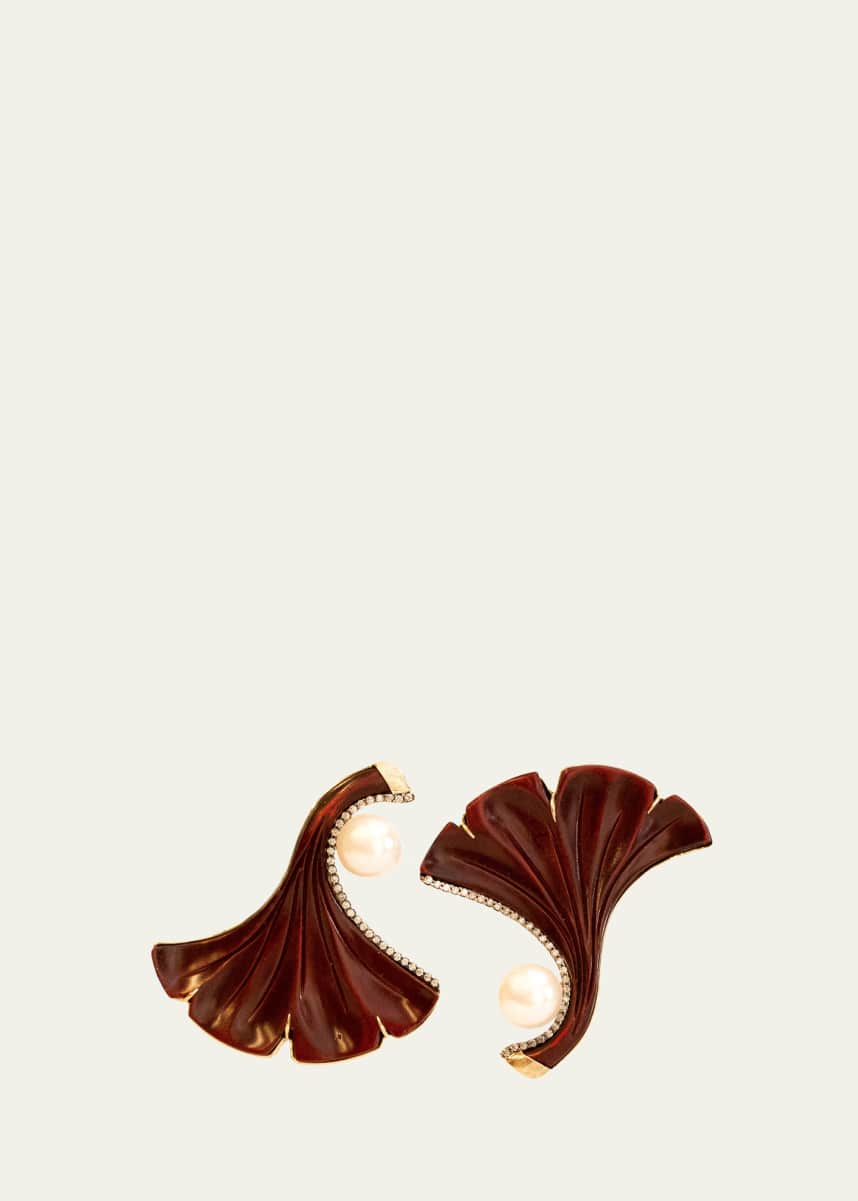 Silvia Furmanovich 18K Yellow Gold Earrings with Diamonds, Pearls and Ginkgo Leaf Lacquer