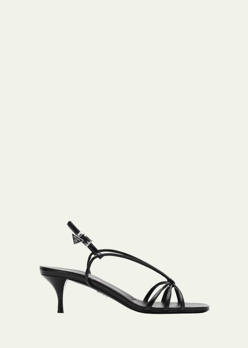 Prada Capretto Strappy Leather Sandals with Triangle Logo Charm