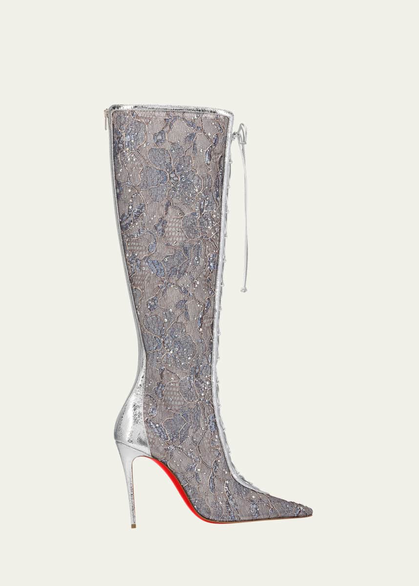 Christian Louboutin KM Lace Strass Red Sole Knee-High Boots