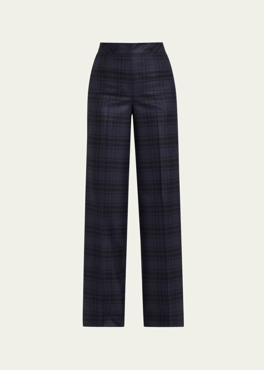 Akris Fior Check Wool Flannel Wide-Leg Trousers